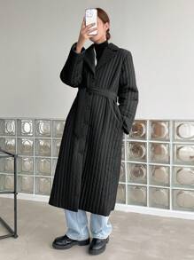 翻领系带长款绗缝加厚口袋大衣，女士冬季服装，女士冬装外套 - 黑色 - 查看 12