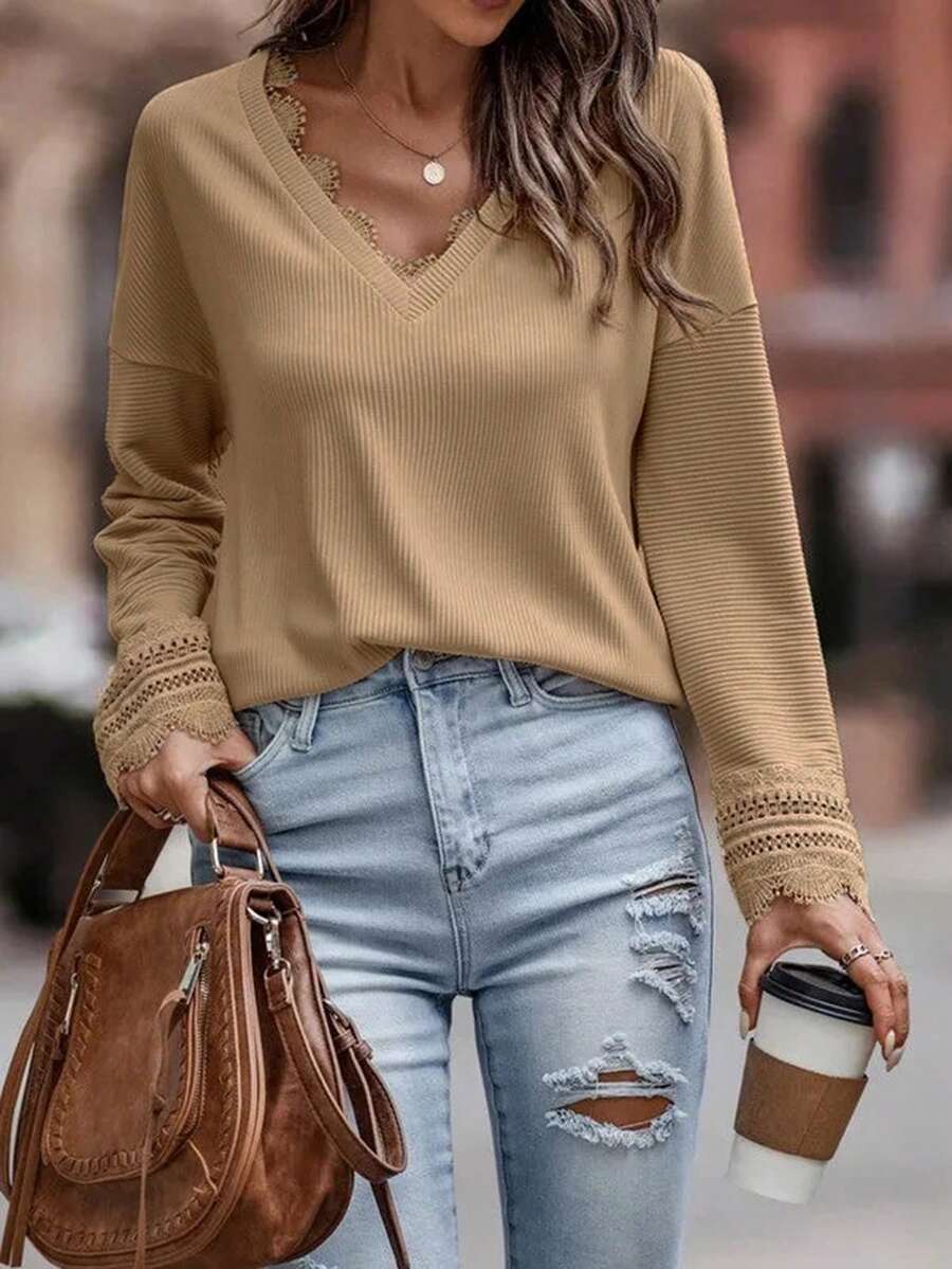 Guipure Lace Trim Drop Shoulder Tee - Khaki - View 1