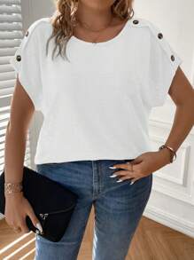 SHEIN Clasi Áo thun tay cánh dơi có chi tiết nút cộng - trắng - Xem 5