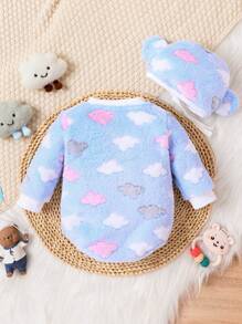 SHEIN 女嬰雲朵刺繡袋鼠口袋性感緊身連體衣和帽 - 藍色 - 查看 2