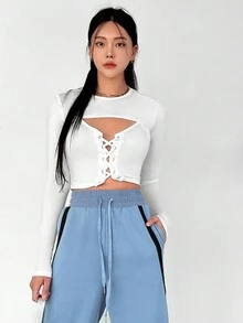 SHEINNeu Lace Up Front Cami Top With Super Crop Top - White - View 3