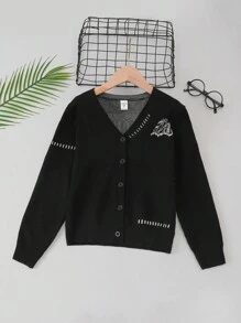 Tween Boy Letter Pattern Button Front Cardigan - Black and White - View 1