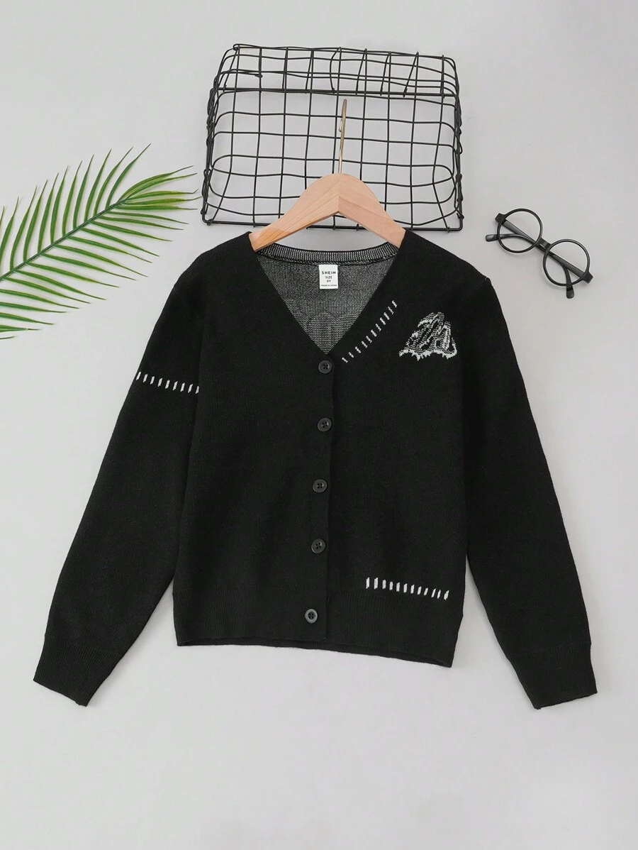 Tween Boy Letter Pattern Button Front Cardigan - Black and White - View 1