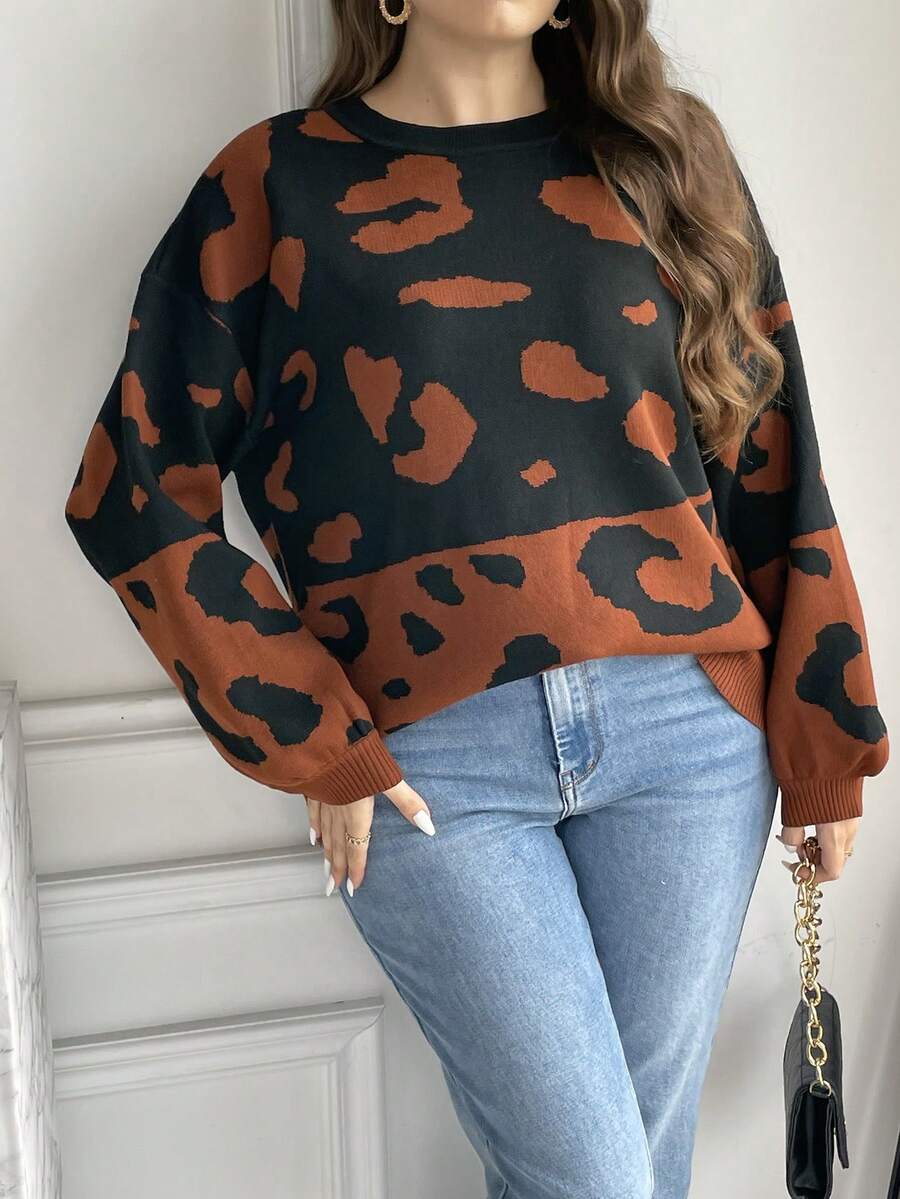 SHEIN Franclia Hơn Hoa văn Báo Thả vai Áo len - Nhiều màu - Xem 1