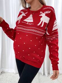 SHEIN Maternity Christmas Pattern Drop Shoulder Sweater, For Winter - Red and White - View 1