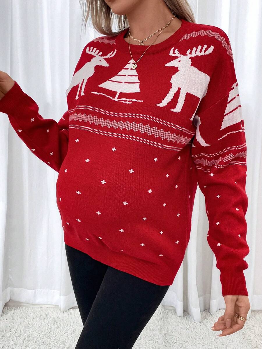 SHEIN Maternity Christmas Pattern Drop Shoulder Sweater, For Winter - Red and White - View 1