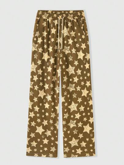 Goth Pantalones De Pierna Recta Para Hombres Con Cintura Ajustable Y Cordón Con Estampado De Estrellas