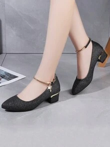女士高跟鞋，粗跟，金属扣细节，浅口鞋，秋季鞋，低帮亮片鞋，玛丽珍鞋，黑色高跟鞋 - 黑色 - 查看 4