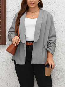 SHEIN LUNE Plus Shawl Collar Ruched Sleeve Open Front Blazer - Grey - View 3