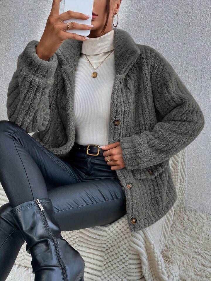 SHEIN Frenchy Drop Shoulder Button Up Teddy Jacket SHEIN EUQS