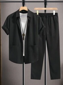 Manfinity Homme Men Solid Shirt & Drawstring Waist Pants Without Tee - Black - View 1