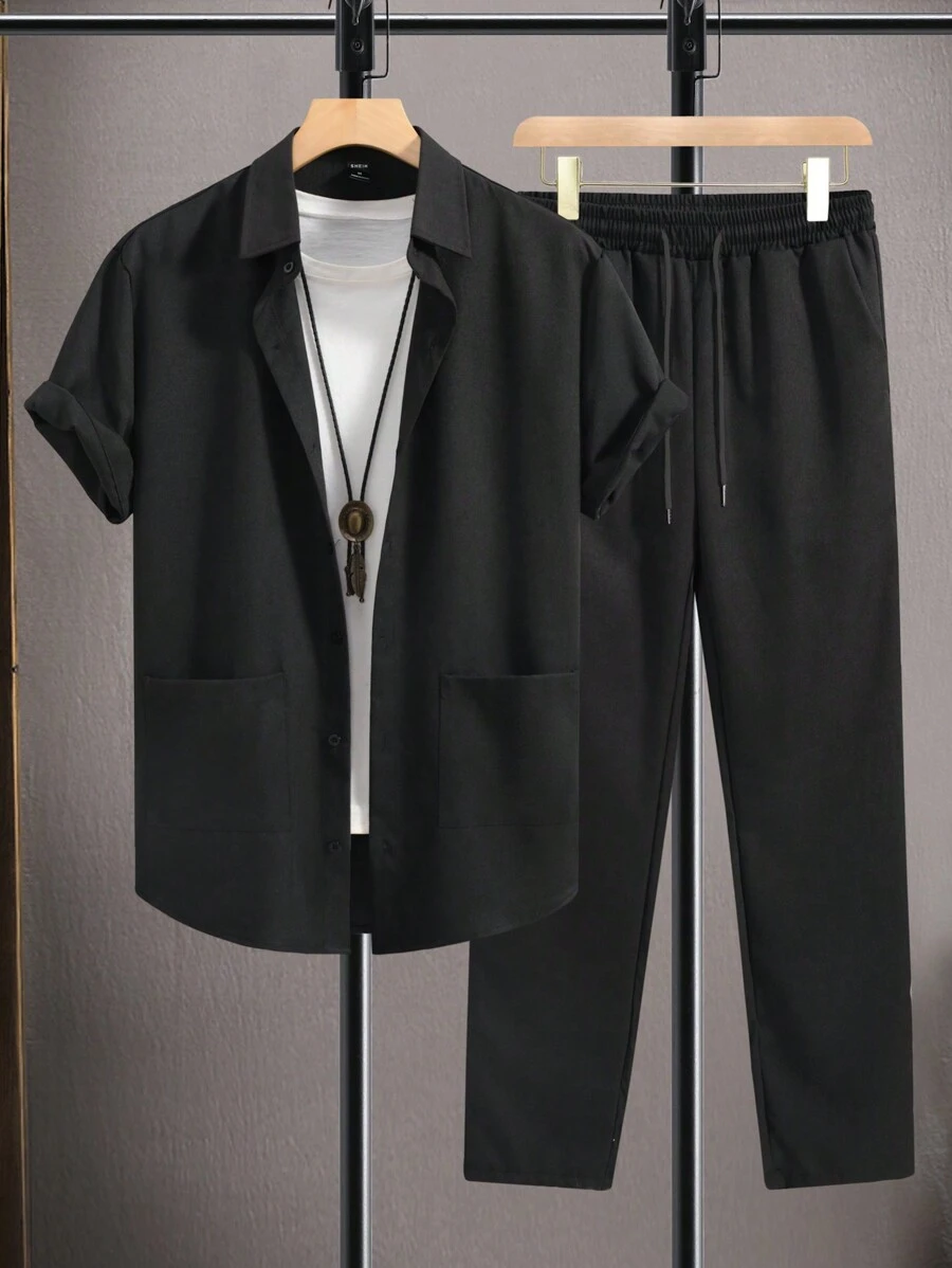 Manfinity Homme Men Solid Shirt & Drawstring Waist Pants Without Tee - Black - View 1