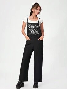 Nemons 標語圖案口袋貼布背帶連身褲不帶T恤 - 黑色 - 查看 1