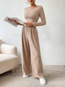 SHEIN LUNE 素色短款T恤&闊腿褲 - 卡其色 - 查看 4