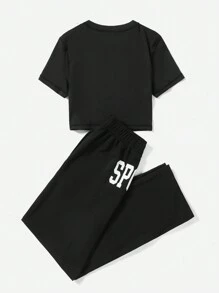 Letter Graphic Crop Tee & Pants Sports Set - Black - View 2