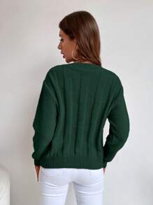 EMERY ROSE Solid Cable Knit V Neck Knit Pullover Fall Winter Sweater - Dark Green - View 2