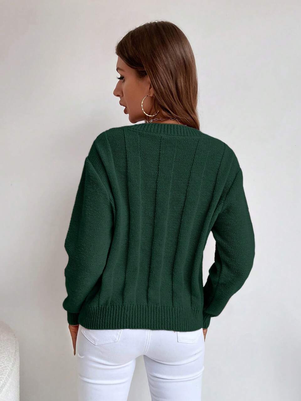 Solid Cable Knit V Neck Knit Pullover Fall Winter Sweater