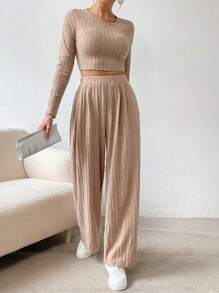 SHEIN LUNE 素色短款T恤&闊腿褲 - 卡其色 - 查看 3