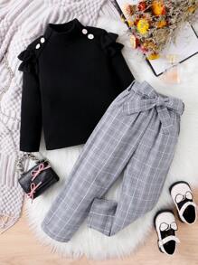 SHEIN Elladie kids 女小童荷葉邊T恤&格紋印花腰帶長褲