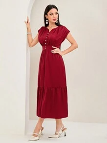 Modelyn Notched Neckline Ruffle Hem Dress - Red - View 5