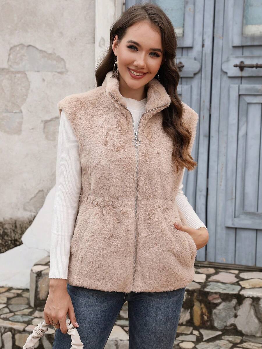RELISH NOLESS Dây kéo mặt trước Áo khoác vest fuzzy - Lạc đà - Xem 1