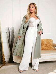SHEIN SXY Lapel Neck Double Breasted Trench Coat - Green - View 4