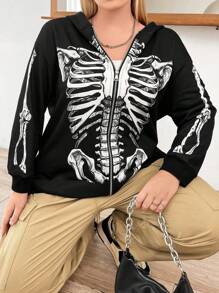 SHEIN ICON Áo nỉ tay dài có khóa kéo in hình bộ xương Halloween cỡ lớn, vai rớt - màu đen - Xem 5