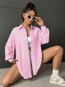 SHEIN EZwear Striped Print Drop Shoulder Shirt - Pink - View 5