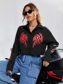 SHEIN EZwear Letter Graphic Button Front Shirt