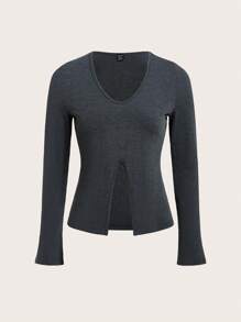 SHEIN EZwear Solid Split Hem Tee - Dark Grey - View 1