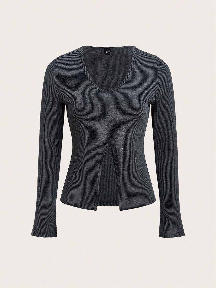 SHEIN EZwear Solid Split Hem Tee - Dark Grey - View 1