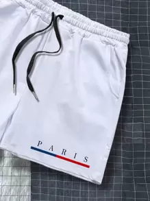 Manfinity Homme Pantalones cortos con cordón en la cintura y gráfico de letras para hombres - Blanco - Ver 6