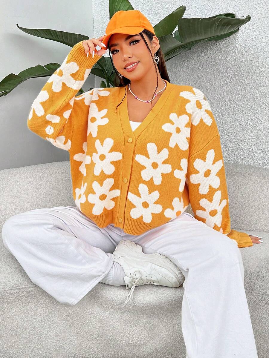 SHEIN EZwear Plus Floral Pattern Drop Shoulder Cardigan - Multicolor - View 1