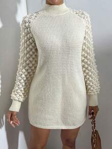 SHEIN Essnce Cổ giả Tay Raglan Đầm Áo len Không có thắt lưng - Màu be - Xem 4