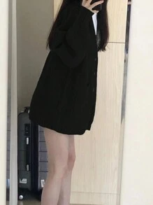 Áo khoác cardigan dáng rộng, tay dài, vai rớt, màu đen trơn, kiểu dáng thường ngày. - màu đen - Xem 2