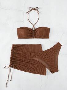 Swim Basics Summer Beach Criss Cross Halter Bra & Swim Bottom Bikini Set With Beach Cover Up Skirt Bathing Suit