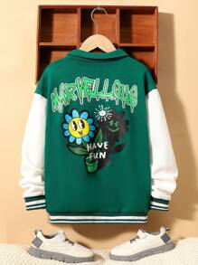 SHEIN Tween Boy Cartoon & Letter Graphic Two Tone Drop Shoulder Varsity Jacket - Multicolor - View 4