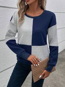EMERY ROSE Color Block Drop Shoulder Sweatshirt - Navy Blue - View 5