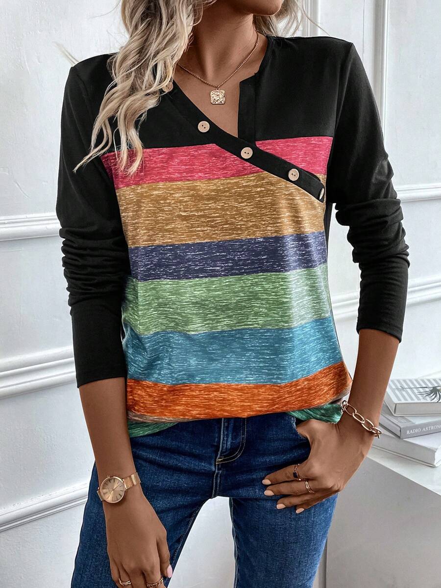 SHEIN Clasi Color Block Button Detail Tee - Black - View 1
