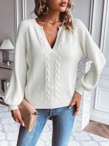SHEIN LUNE Jersey de cuello con muesca y mangas raglán de punto de cable para otoño e invierno - Blanco - Ver 3