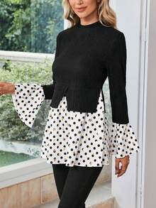 EMERY ROSE Polka Dot Print Flounce Sleeve Peplum Top - Black and White - View 3