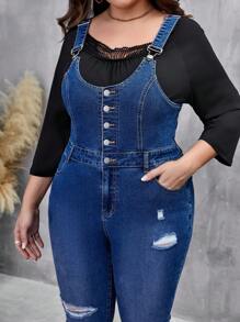 SHEIN LUNE Plus Ripped Denim Overalls Without Top - Medium Wash - View 7