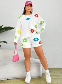 SHEIN EZwear Plus Floral Pattern Drop Shoulder Sweater & Knit Shorts - Multicolor - View 5