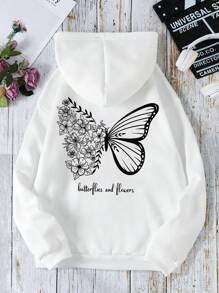 SHEIN EZwear Bluza termiczna z nadrukiem motyli i napisem w dużym rozmiarze i ściągaczem, na zimę, jesień i zimę - Biały - Zobacz 1