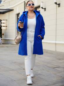 SHEIN Cottnline Plus Zipper Front Hooded Overcoat - Royal Blue - View 3