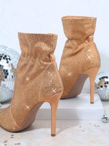 SHUZIA Pointy Toe Side Zipper Stiletto Heeled Boots - Gold - View 4