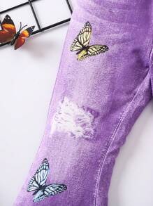 SHEIN Young Girls' Butterfly &  Effect Flared Pants With Printed Design - Purple - View 5
