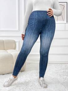SHEIN Quần Jegging in họa tiết hiệu ứng denim dành cho bà bầu Plus - Màu xanh lam - Xem 5