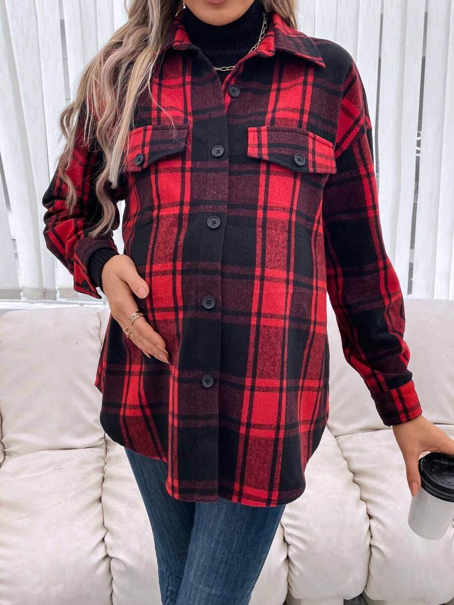 SHEIN Maternity Plaid Print Drop Shoulder Coat - Red - View 1
