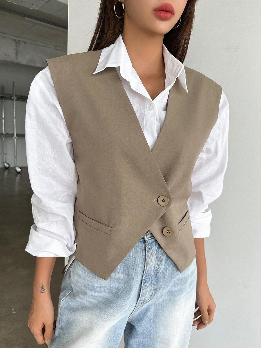 DAZY 1 pieza Chaleco con botones Blazer Atuendo de negocios - Café integral - Ver 1